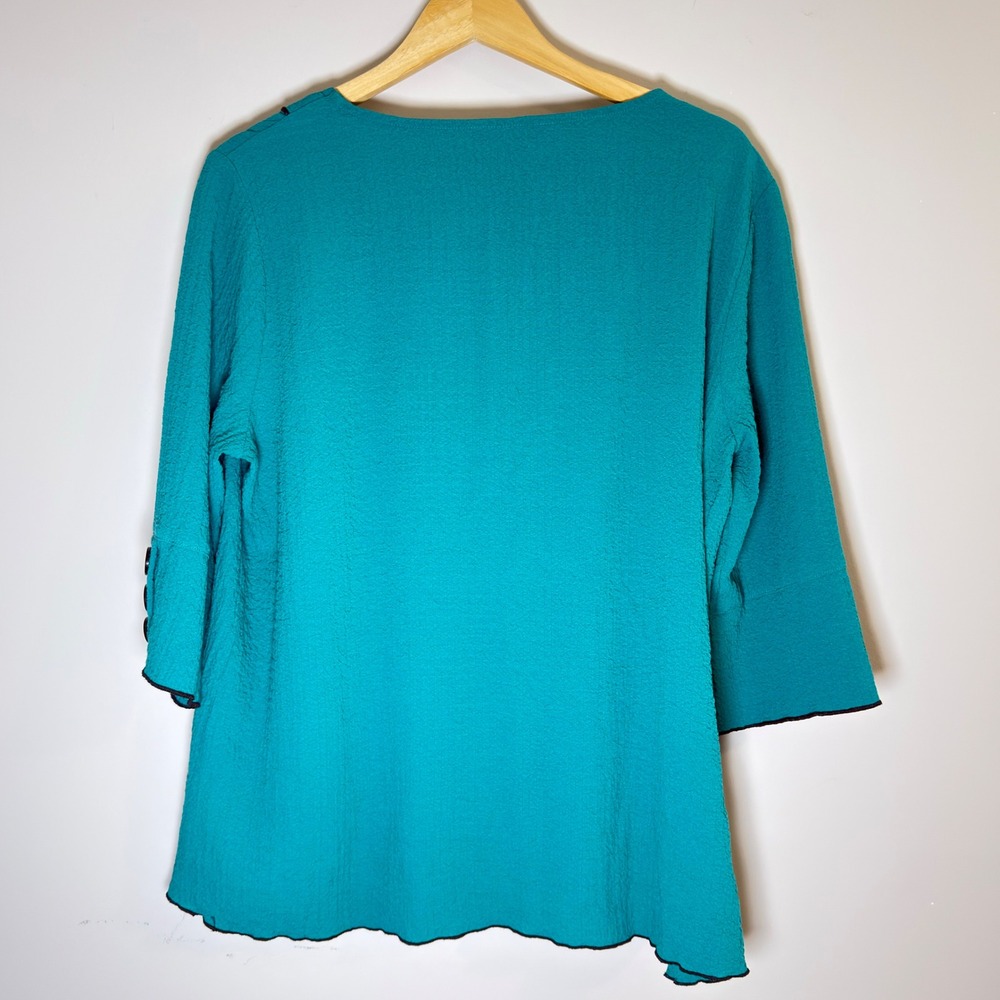 Ali Miles Teal Textured 3/4 Sleeve Asymmetrical Button Top Petite Large PL - Picture 3 of 8